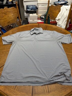 Men's Black & White Striped Polo Shirt - Lightweight Performance
